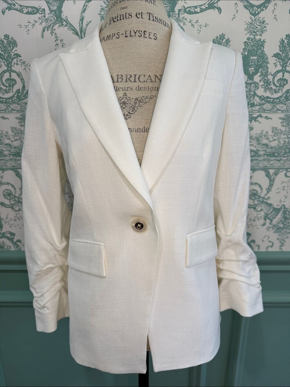 Veronica Beard White Linen Ruched Sleeve Dickey Blazer - Size 6 - Sony Archives